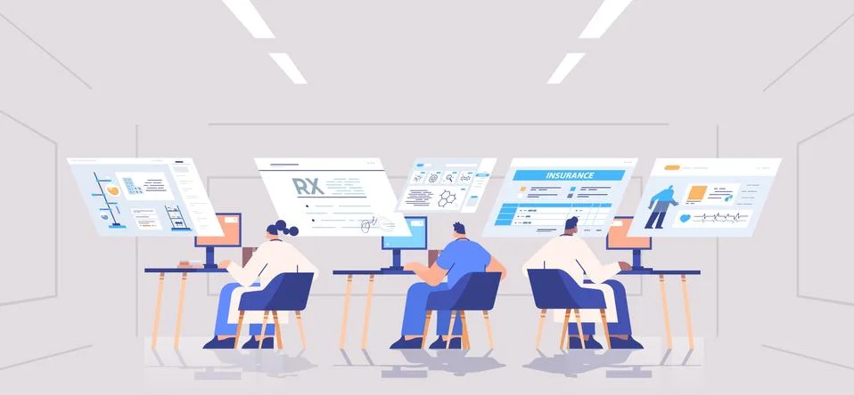 Scientists team analyzing medical data on virtual boards medicine healthcare 스톡 일러스트