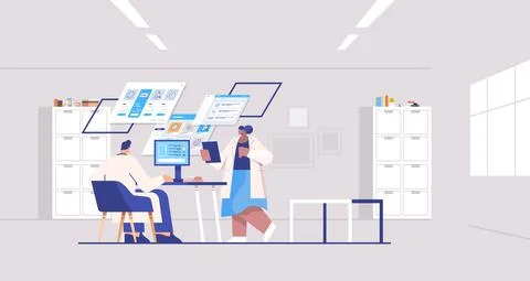 Scientists team analyzing medical data on virtual boards medicine healthcare 스톡 일러스트