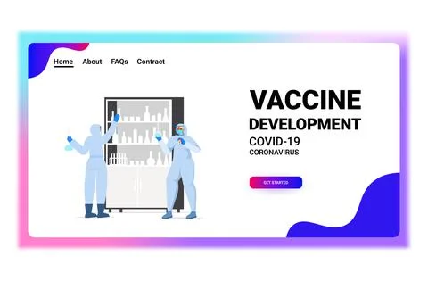 Scientists team working together with test tubes in lab coronavirus vaccine 스톡 일러스트