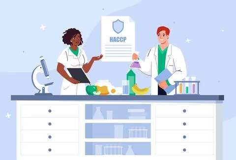 Scientists testing food quality. Man and woman in medical uniform with flask Stock Illustration