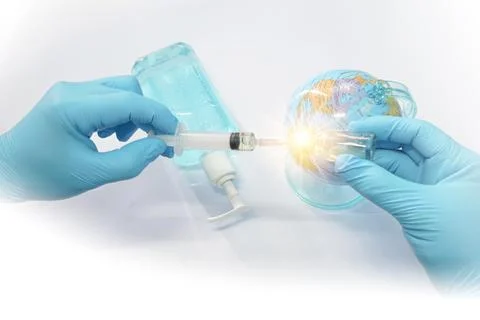 Scientists transparent medical gloves using syring Prepare a trial drug for t Stock Photos