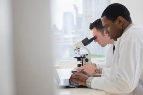 Scientists using laptop and microscope in lab Foto stock