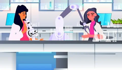 Scientists using microscope and robotic hand at workplace cultured meat made Illustrazione stock