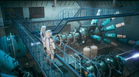 Scientists watch the work of a time machine or a futuristic thermonuclear 스톡 일러스트