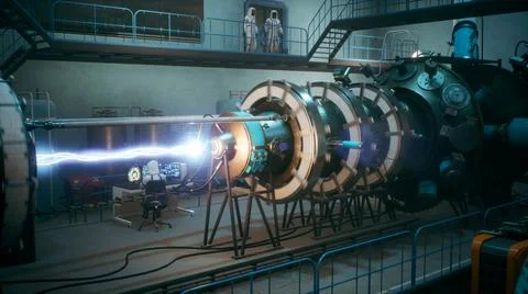 Scientists watch the work of a time machine or a futuristic thermonuclear Stock Illustration