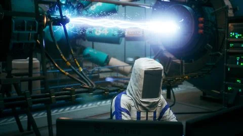 Scientists watch the work of a time machine or a futuristic thermonuclear Stock Illustration