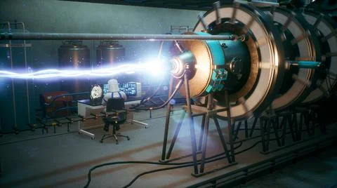 Scientists watch the work of a time machine or a futuristic thermonuclear Stock Illustration