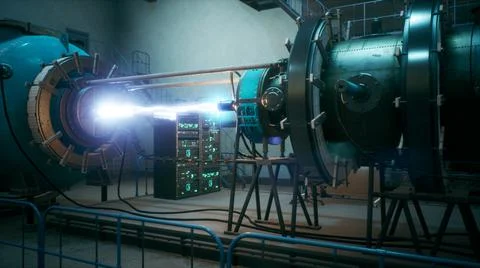 Scientists watch the work of a time machine or a futuristic thermonuclear 스톡 일러스트