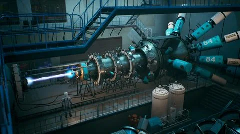 Scientists watch the work of a time machine or a futuristic thermonuclear Stock Illustration