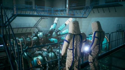 Scientists watch the work of a time machine or a futuristic thermonuclear Stock Illustration