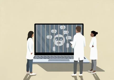 Scientists watching computer hacker emoji behind bars with speech bubbles on Stock Illustration