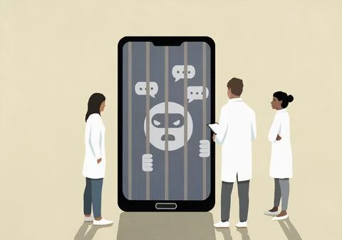 Scientists watching computer hacker emoji behind bars with speech bubbles on Stock Illustration