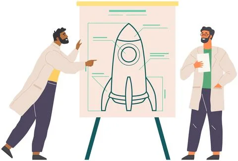 Scientists work with drawing draft of contemporary rocket. Business startup with Illustrazione stock