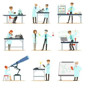 Scientists At Work In A Lab And An Office Set Of Smiling People Working In 스톡 일러스트