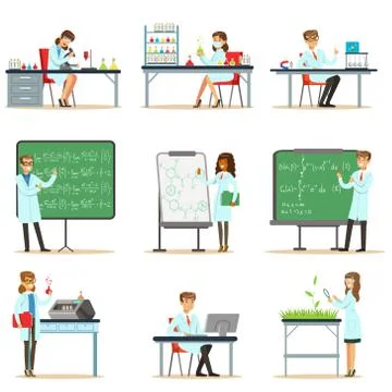 Scientists At Work In A Lab And An Office Series Of Smiling People Working In Illustrazione stock