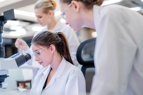 Scientists work in laboratory examining samples with microscope during rese.. Stock Photos