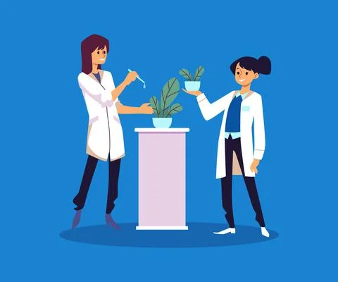 Scientists work on laboratory grown plants, flat vector illustration isolated. Stock Illustration
