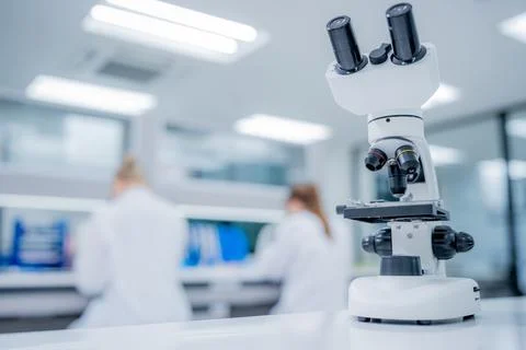 Scientists work in a laboratory with a microscope in focus while conducting.. Stock Photos