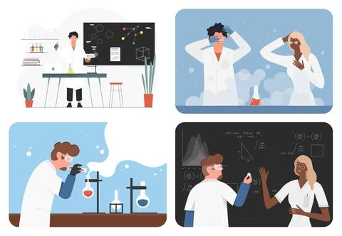 Scientists work in laboratory, research science in school set, breakthrough Stock Illustration