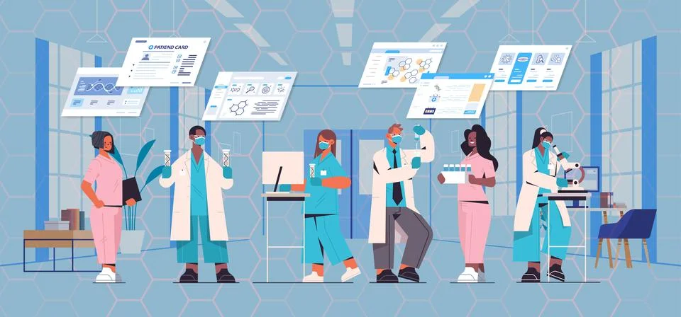 Scientists working with DNA in test tubes researchers team making experiments in Stock Illustration
