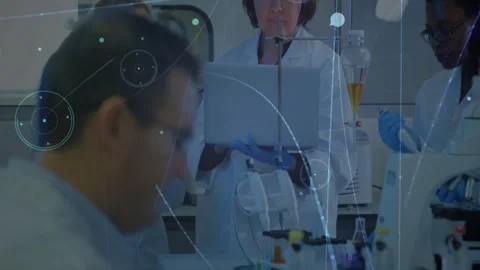 Scientists working in laboratory with data processing animation over them Stock Footage 327958377