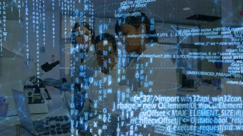 Scientists working in laboratory with digital data and coding overlay animation Stock Footage 304955476