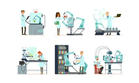 Scientists Working in Laboratory with Robots Vector Illustrations Set Stock Illustration