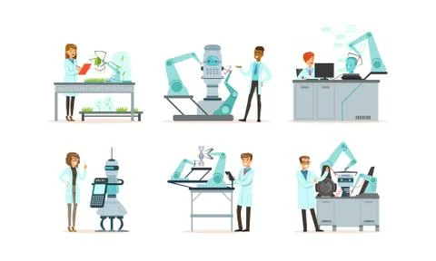 Scientists Working in Laboratory with Robots Vector Illustrations Set Stock Illustration