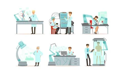 Scientists Working in Laboratory with Robots Vector Illustrations Set Stock Illustration