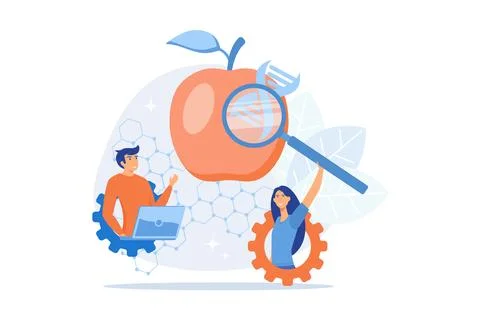Scientists working with magnifier and apple DNA. Genetically modified foods.. Stock Illustration