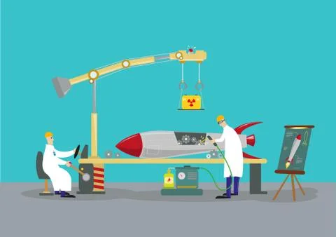 Scientists working on a rocket or missile at a laboratory workshop Stock Illustration