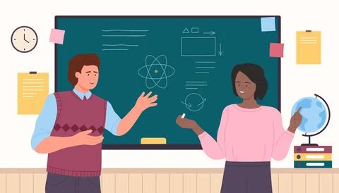Scientists writing on blackboard with chalk, two people standing in classroom to Stock Illustration