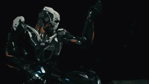 Scifi Combat Robot Commander gives attack command Stock Footage 139576808
