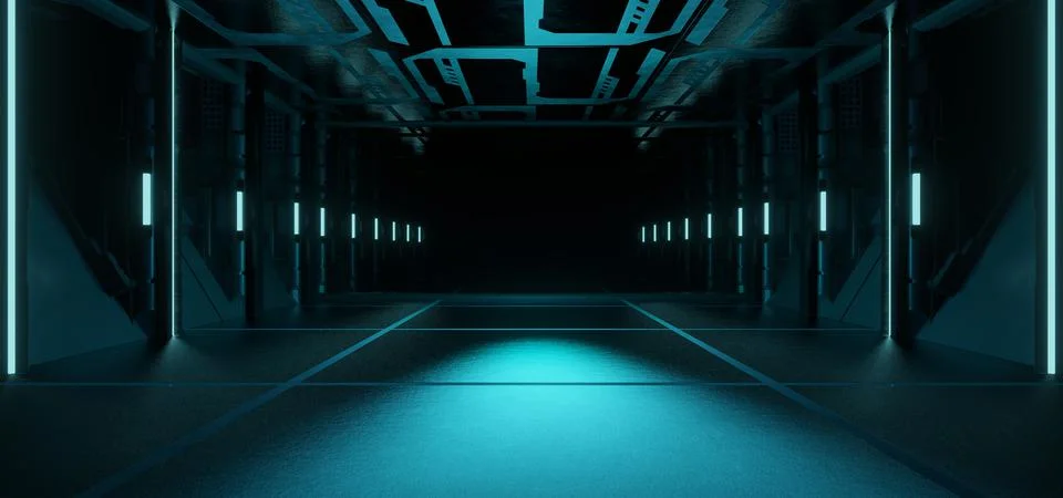 SciFi Fantasy Alien Hangar Tunnel Futuristic Hallway Cyberpunk Club Neon Turq Stock Illustration
