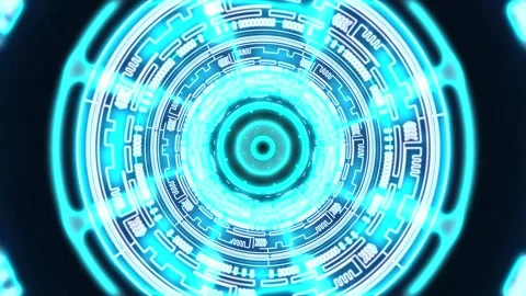Scifi hud user interface animation with circle and glowing tunnel zoom video Stock Footage 246683324