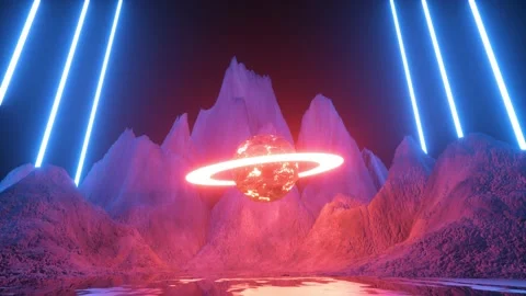 Scifi neon abstract background. Planet and ring in the center. Reflection of  Stock Footage 163047799