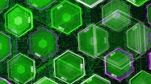 Scifi technological hexagon pattern of green color with four digit numbers Stock Footage 155079972