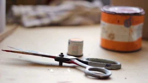 Scissor Laying On Ground Workshop Stock Footage 127032209