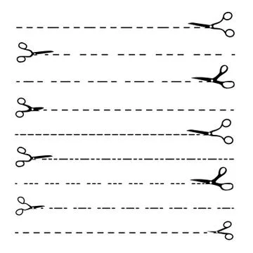 Scissor Line Vector. Set Dotted Cutting Lines. Black Scissor Silhouettes. Cut Illustrazione stock