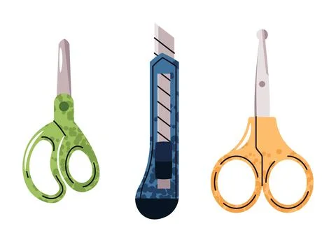 Scissors and Craft Knife Set in Flat Design on White Background. Office and Stock Illustration