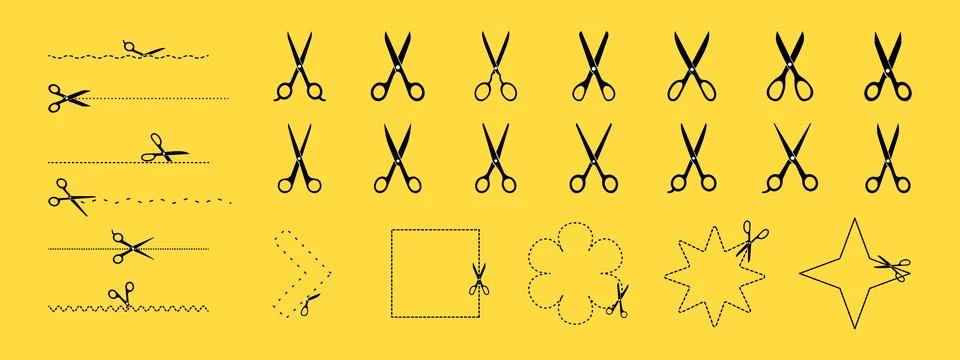 Scissors and dotted lines and geometric shapes isolated on yellow background. Stock Illustration
