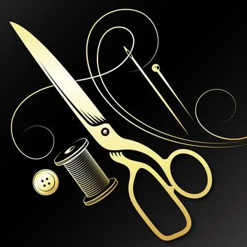 Scissors and golden needle and thread for the tailor Stock Illustration