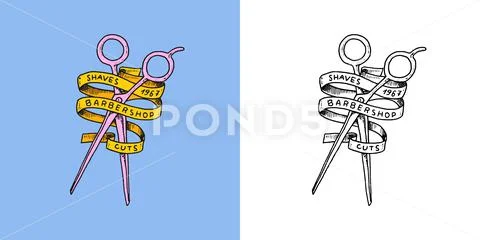 Scissors and ribbon. Barber shop badge and label, logo and hipster emblems:  Royalty Free #163313918