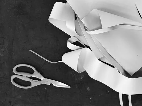 Scissors and sliced material on the table. fabric Factory Working Place Stock-Fotos