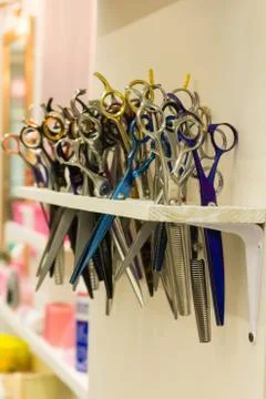 Scissors are hardly packed in the cabin Stock Photos