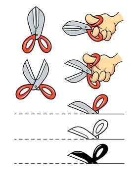 Scissors in arm cut paper. Design element. Cartoon. Set, Isolated on white ba Stock Illustration