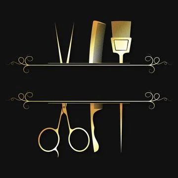 Scissors comb and brush gold barber symbol Stock Illustration