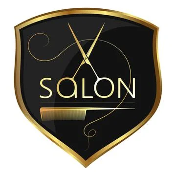 Scissors comb and lock of hair on a golden shield Stock Illustration