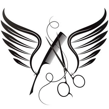 Scissors comb and two wings symbol Stock Illustration