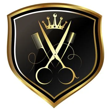 Scissors with comb on golden shield design for beauty salon Stock Illustration